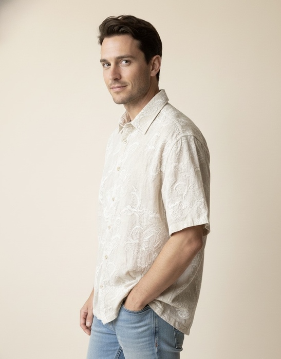 CAMISA LINO BORDADO BEIGE