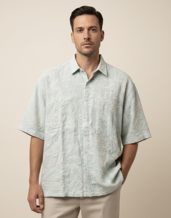 CAMISA LINO BORDADO VERDE AGUA