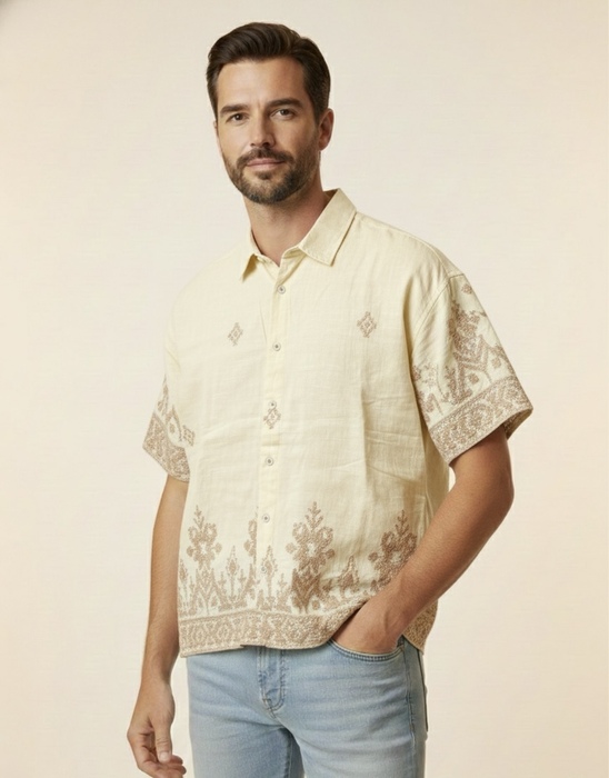 CAMISA LINO BORDADO AMARILLA