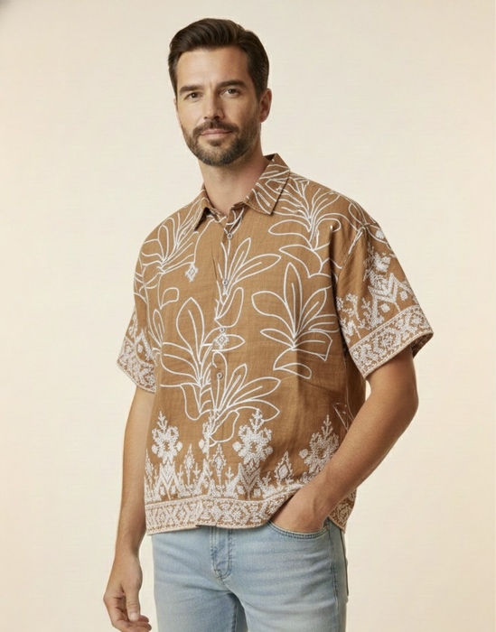 CAMISA DE LINO BORDADO KHAKI